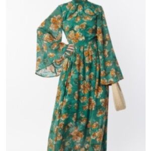 Unique Vintage Teal and Orange Floral Long Sleeve Dress
